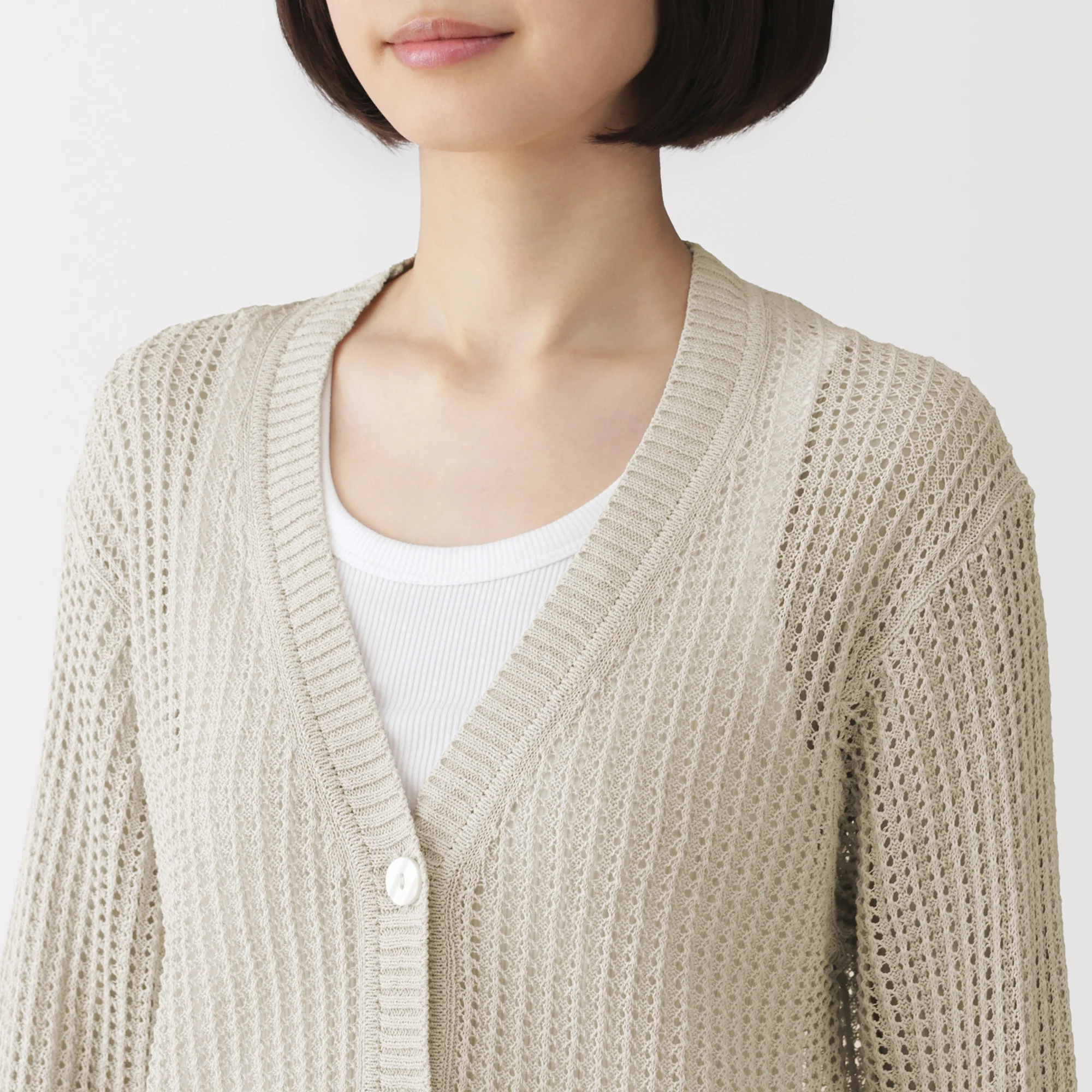 Linen Blend Mesh V-Neck Cardigan - Image 9